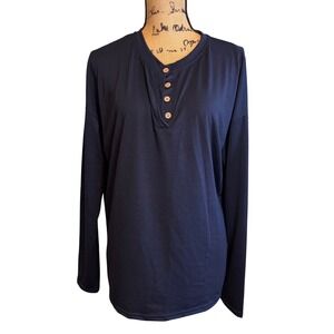 NWOT Womens Navy Blue Long Sleeve Henley Top Relaxed Fit Button Neck Shirt Large